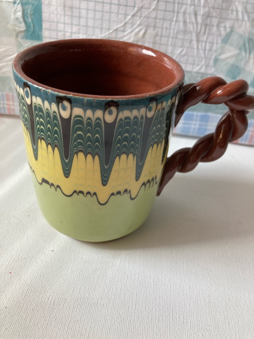 Handcrafted Ceramic Mug with Twisted Handle - Green & Brown